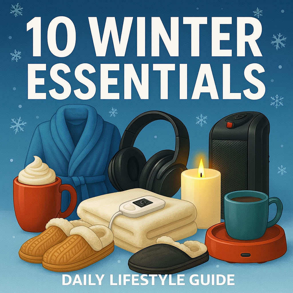 Winter essentials graphic showing top cozy items for cold weather – Daily Lifestyle Guide
