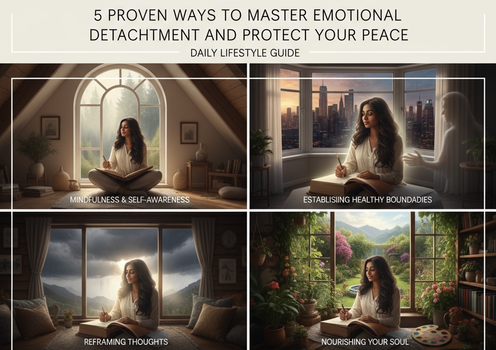 A collage of serene lifestyle scenes illustrating the 5 proven ways to master emotional detachment and protect your peace — including mindfulness and self-awareness, establishing healthy boundaries, reframing thoughts, and nourishing your soul — featured in the Daily Lifestyle Guide article on understanding emotional detachment.